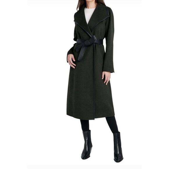 Tahari Women’s Faux Leather Trim Belter Wrap Coat Olive XXL MSRP $350 - Picture 1 of 7